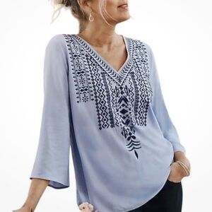 J. Jill Large Blue Embroidered Bell Sleeve Pullover Aztec Blouse Top Coastal 2X